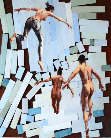 Painting of falling figures on broken background